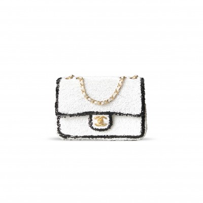 CHANEL CLASSIC FLAP BAG SEQUINS & GOLD METAL WHITE 296136 (20*13*7cm)